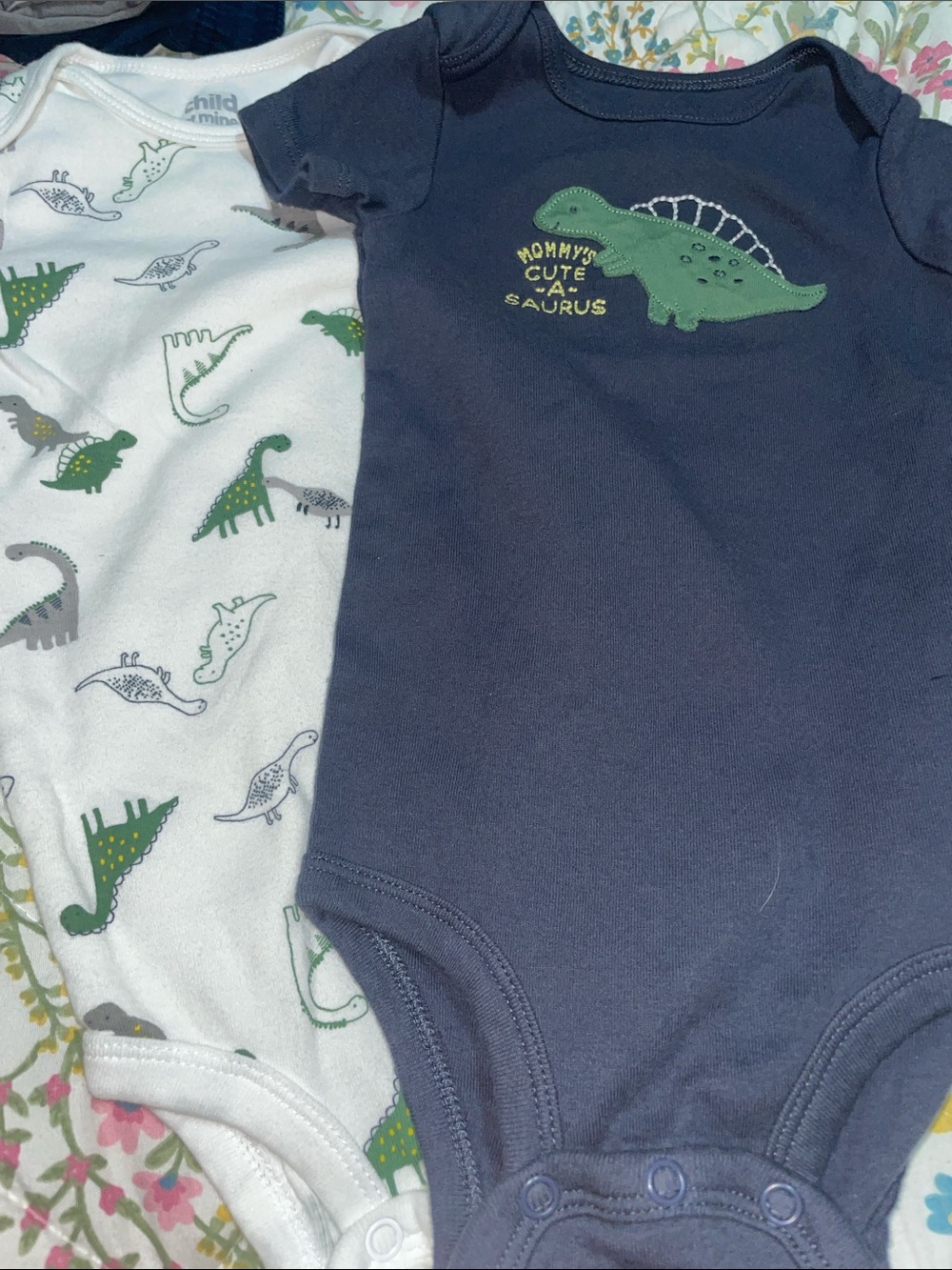 child of mine Navy & White Dinosaur Bodysuit Set with Green Accents